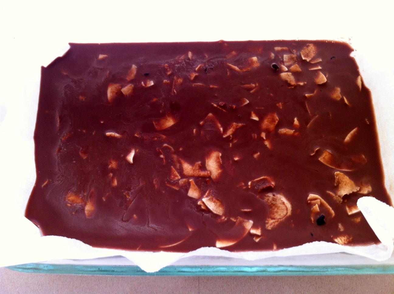 Chocolate poured into tray for cooling