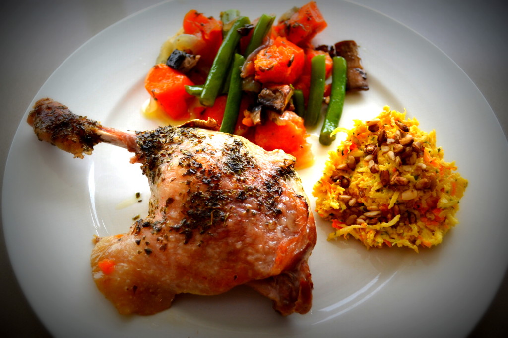 Duck maryland with vegies and celeriac salad